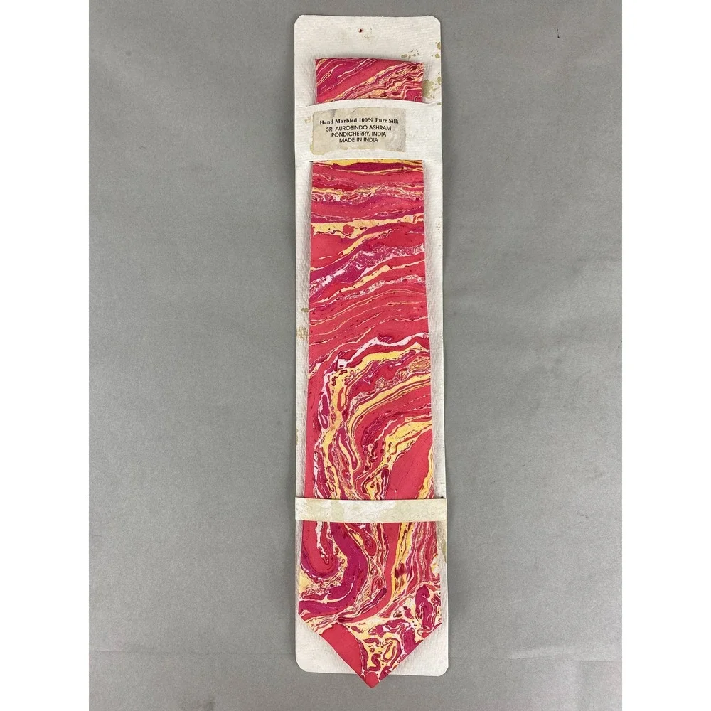 VTG Harmonie Sri Aurobindo Ashram Pure Silk Tie Hand Marbled Pink Gold 58x3